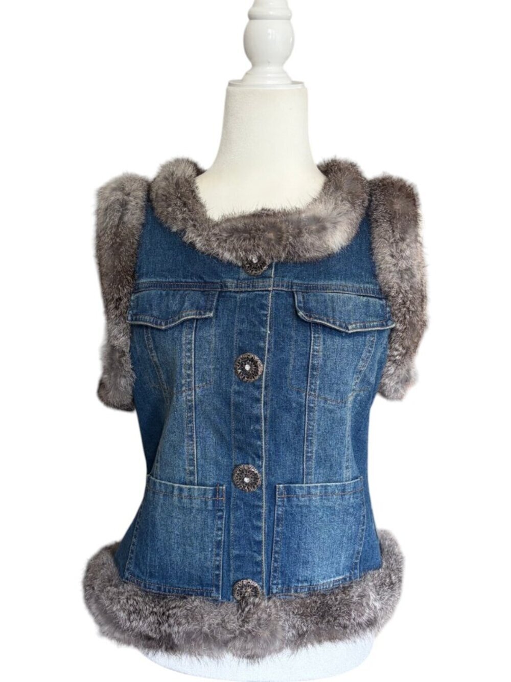 BEREK by Takako Sakon Vintage Denim Embellished Vest with fur vintage small - Picture 3 of 5